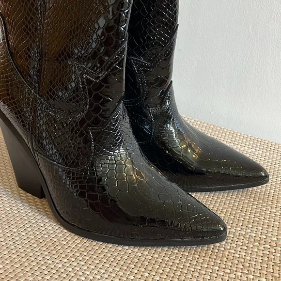 Snakeskin Patent Leather Cowgirl Western Biker Calf Height Cowboy Boots - 7.5/38 - Picture 7 of 12